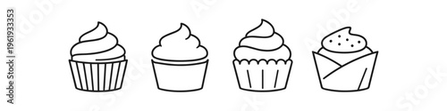 Collection of four simple line art cupcakes with swirled frosting and different wrappers