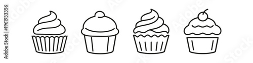 Set of four simple line art cupcakes with different frosting styles