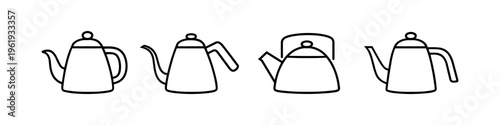 Collection of four simple line art teapots and kettles for brewing beverages