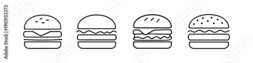 Collection of simple line art hamburger icons with different toppings and buns