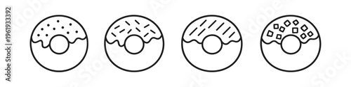 Set of four simple line art donuts with different toppings and sprinkles