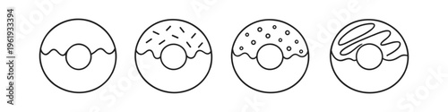 Collection of four simple line art donuts with different toppings and decorations