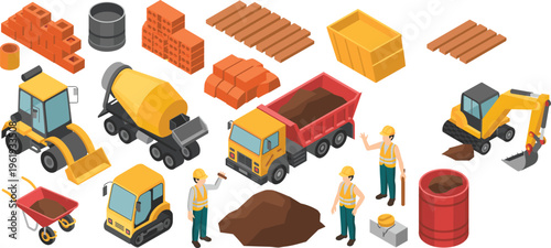 Construction equipment and materials isometric set, excavator, dump truck, cement mixer, bricks, tools, workers, building site elements vector illustration collection