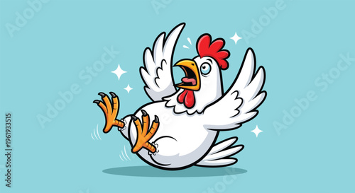 Funny Cartoon Chicken Falling Down with Wide Eyes and Open Beak.