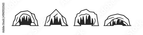 Collection of four stylized cave entrances with stalactites in a simple line art style
