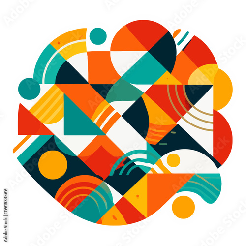 Abstract Geometric Sticker Featuring Circles, Triangles, and Lines in Harmonious Composition | Bold Contrasting Color Palette with Red and Blue or Orange and Teal | Dynamic, Fluid Pattern