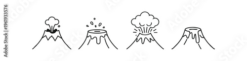 Collection of simple line art illustrations depicting volcanoes in various stages of eruption