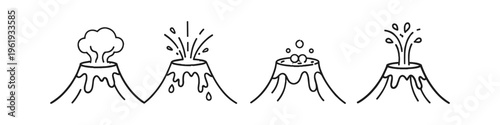 Set of simple line art illustrations depicting volcanoes erupting with lava and smoke