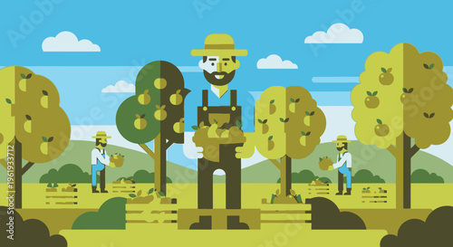 Man wearing overalls and hat picking apples.