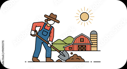Man wearing overalls digging with shovel.