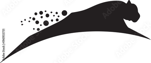 A black silhouette of a cat jumping over a curve with dots