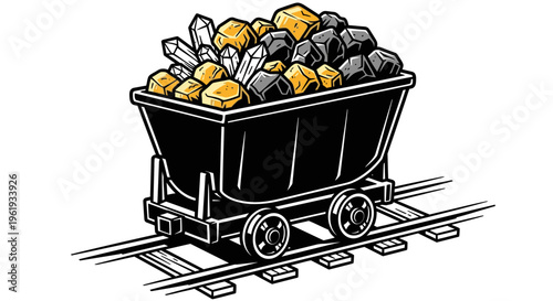 Mining cart filled with gold nuggets.