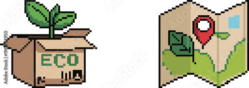 Eco delivery pixel art set, sustainable package box with plant, eco map navigation, green logistics concept, retro 8 bit vector icons