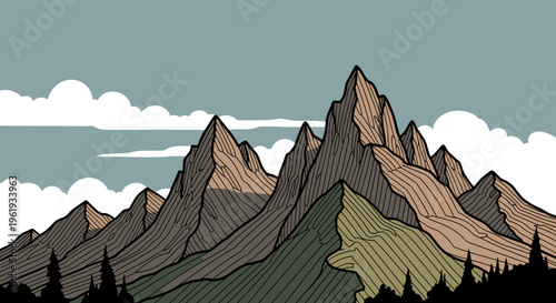 Mountain range with sharp peaks.
