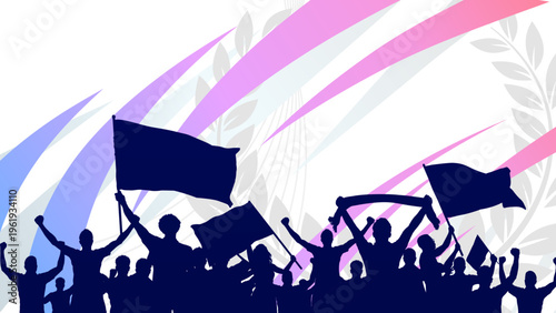 Soccer fans and crowd silhouette with flags on abstract banner background