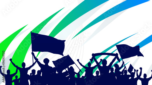 Soccer fans crowd silhouette with flags on abstract green and blue banner background