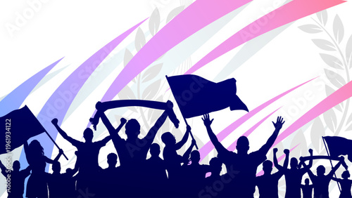 Soccer fans and crowd silhouette with flags on abstract banner background