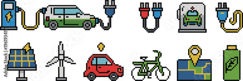 Electric vehicle charging pixel art set, EV car, charger station, plugs, battery, solar panel, wind turbine, eco transport icons collection