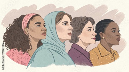 Feminine diversity illustration, group of women standing close together background
