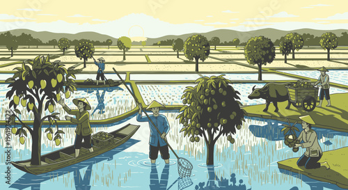 People working in the rice field.