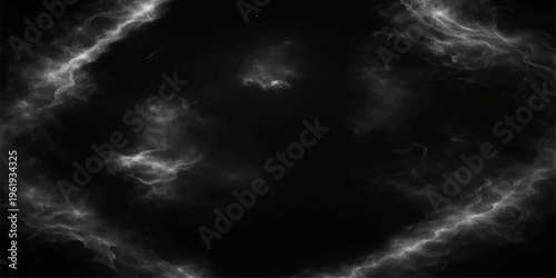 Abstract black and white smoke swirls in a looping animation to create a dark stormy cloudscape of wind and rain against a moody night sky