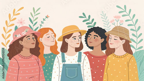 Feminine diversity illustration, group of women standing close together background