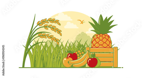 Pineapple on a wooden crate outdoors.