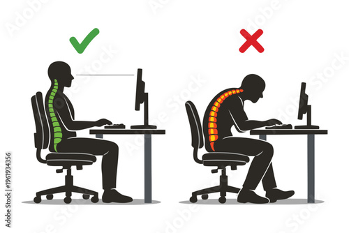 Correct versus incorrect sitting posture for office workers working at a computer desk station Vector