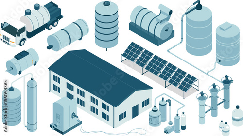 Industrial energy and water processing plant set, storage tanks, pipelines, solar panels, refinery equipment, sustainable infrastructure isometric vector illustration collection