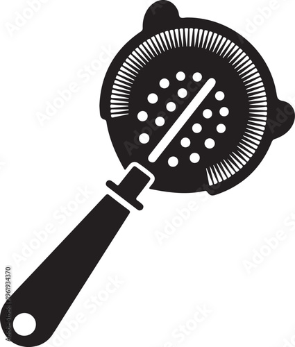 Black silhouette of a kitchen strainer with handle and holes for draining liquids