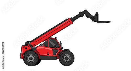 Red telehandler with black fork lift.