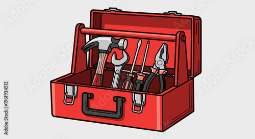 Red toolbox with various metal tools.