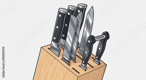 Set of kitchen knives in block.