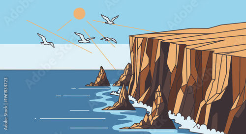 Seagulls flying over ocean cliffs.