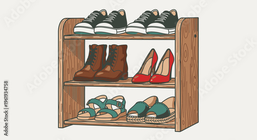 Shoes on a wooden shoe rack.