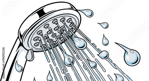 Water droplets from shower head closeup.