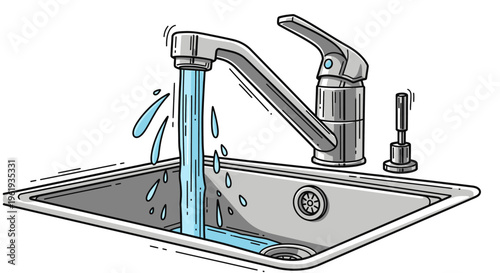 Water flowing from kitchen sink faucet.