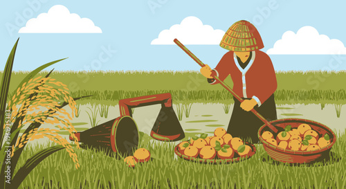 Woman harvesting potatoes in a field.
