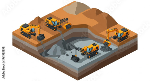 Isometric View of Open-Pit Mining Operation with Excavators.