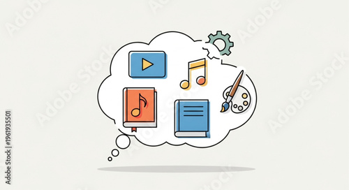 Creative Arts and Learning Thought Bubble with Books, Music, Video, and Art.