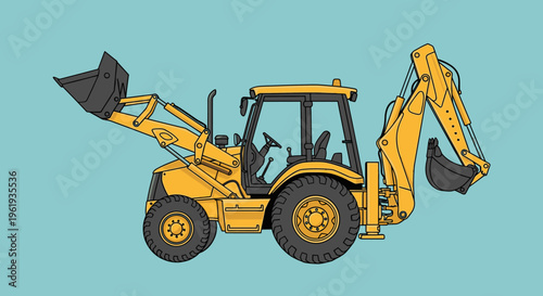 Yellow Backhoe Loader Construction Equipment Machine.