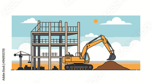 Yellow excavator at construction site.