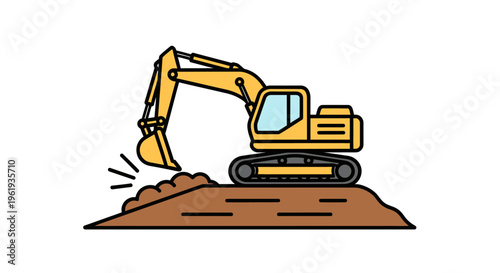 Yellow excavator digging into dirt pile.