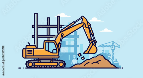 Yellow excavator digging pile dirt.