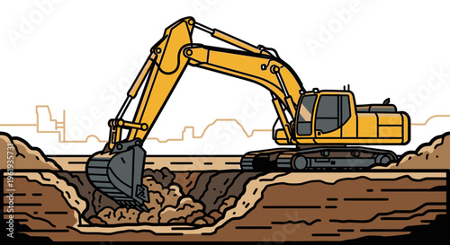 Yellow excavator digging into ground.