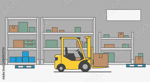 Yellow Forklift in a warehouse setting.