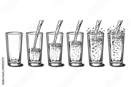 A sequence of six glasses showing water being poured and filling up with rising carbonated bubbles Vector