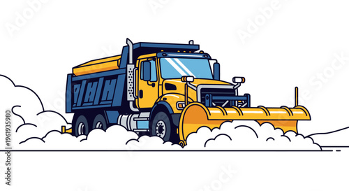 Yellow Snow Plow Truck Clearing Road.