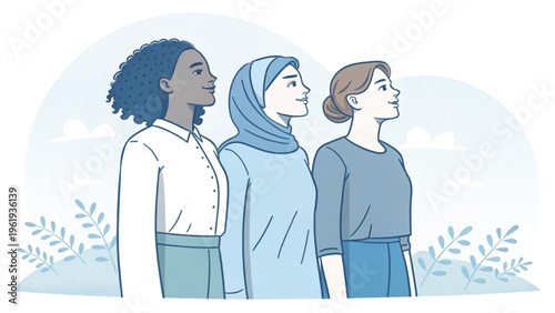 Group of multicultural women colored pencil illustration style background