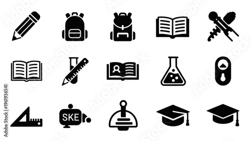 Vector icon sheet of education symbols and objects on white